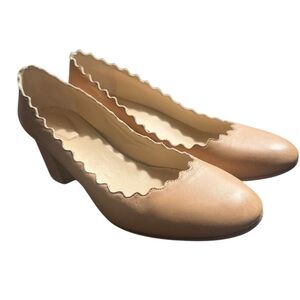 Chloe Lauren Scalloped Pumps Nude Leather Block Heel Designer Shoes 39